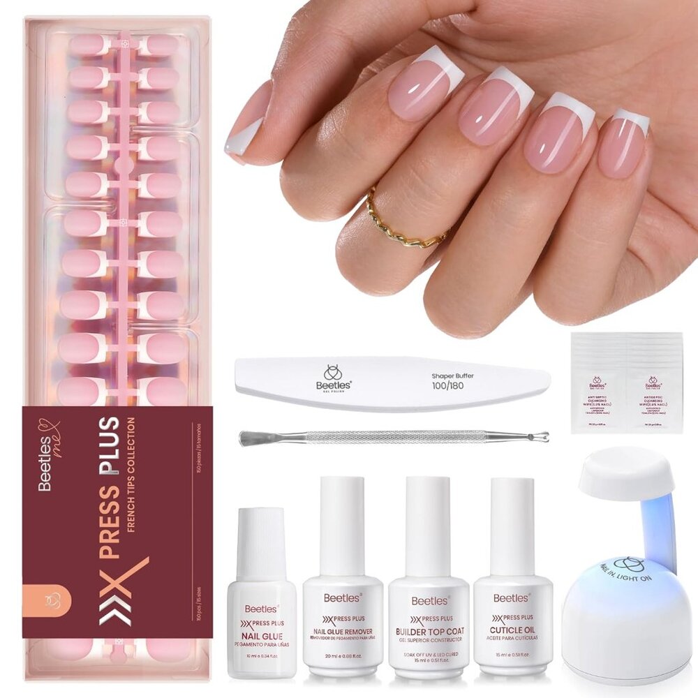 Beetles X Press On Nails Kit-Short Square French Tip Press On Nails Kit With 150